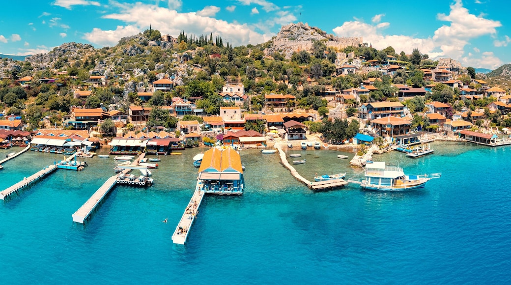 Aerial view of Simena castle and fishing and tourist village Kaleucagiz. Tourist and travel destinations in Turkey
