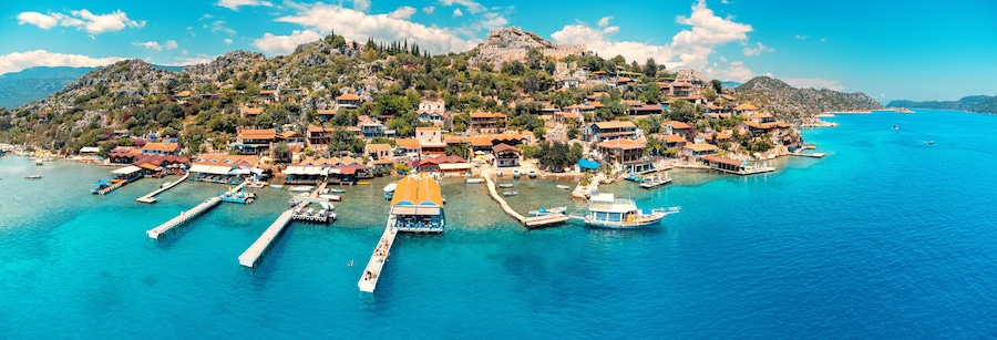 Aerial view of Simena castle and fishing and tourist village Kaleucagiz. Tourist and travel destinations in Turkey