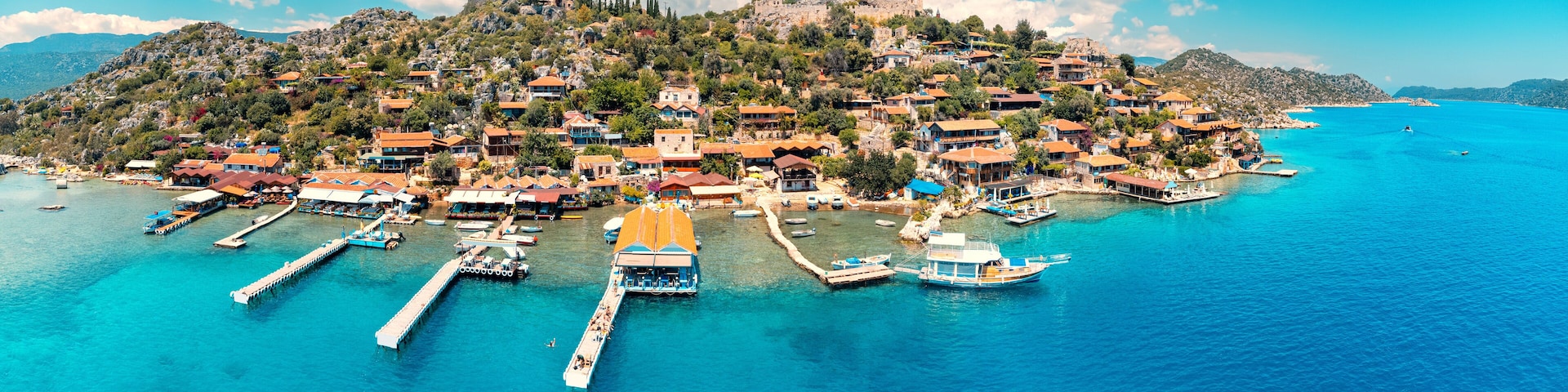 Aerial view of Simena castle and fishing and tourist village Kaleucagiz. Tourist and travel destinations in Turkey