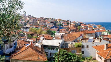 A coastal town with terracotta-roofed buildings, a clear blue sea, and a distant mountain range.