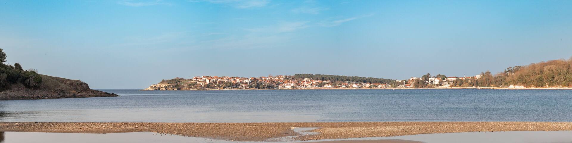 A distant panoramic view of Kerpe in a beautiful sunny weather with a simple view of the sea. Kerpe, Kocaeli, Türkiye.