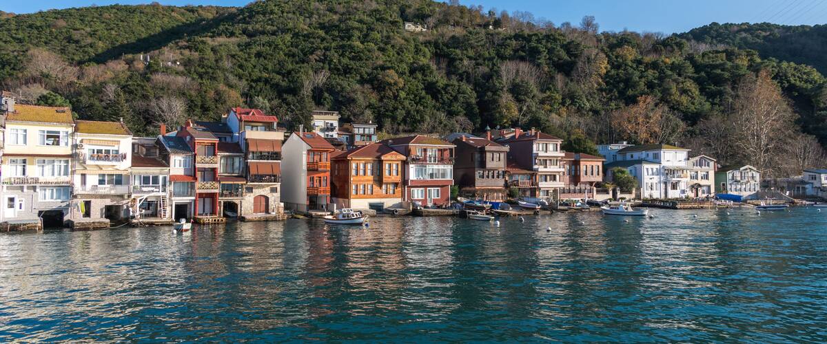 A waterfront with colorful buildings, boats, and a hill with trees in the background.
