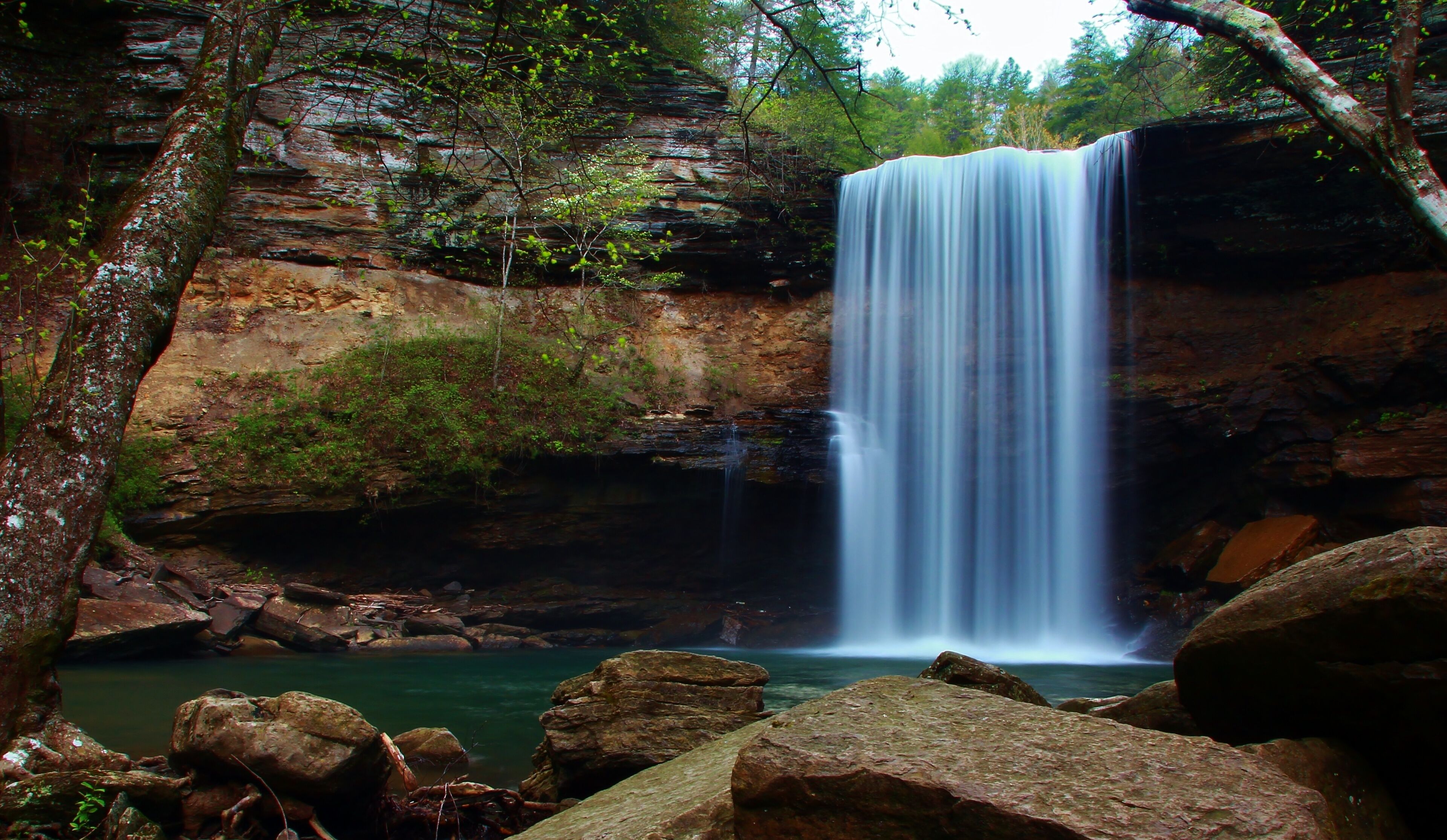 A waterfall cascading over a rocky cliff surrounded by trees.