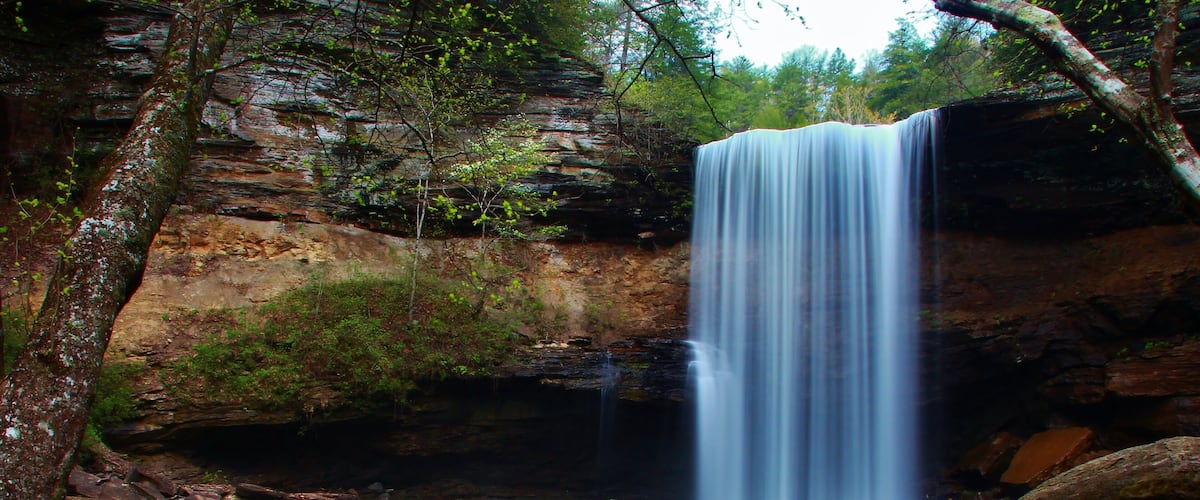 A waterfall cascading over a rocky cliff surrounded by trees.