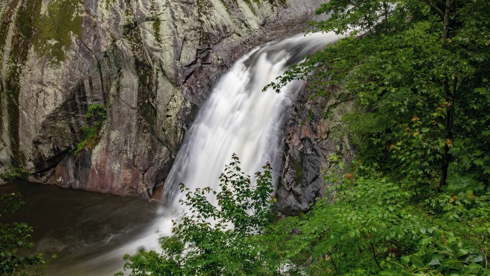 A waterfall cascading down a rocky cliff surrounded by lush greenery.