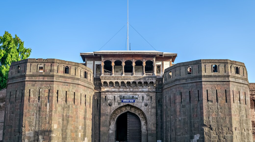 Historical , ancient, stone made monument named Shaniwar Wada in Pune. Text in local language is name" Shaniwar Wada".