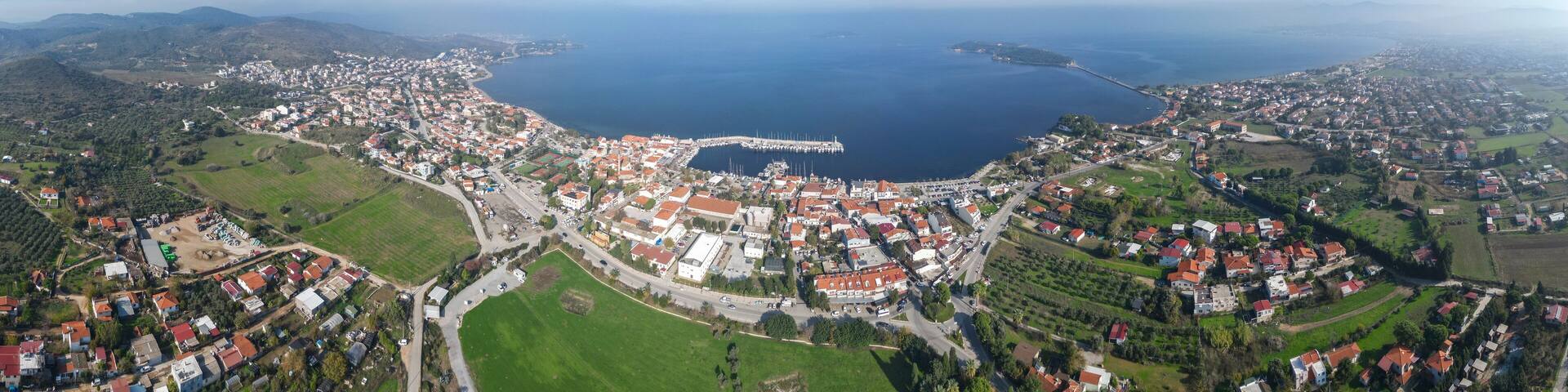 Urla Town harbour drone view in Turkey