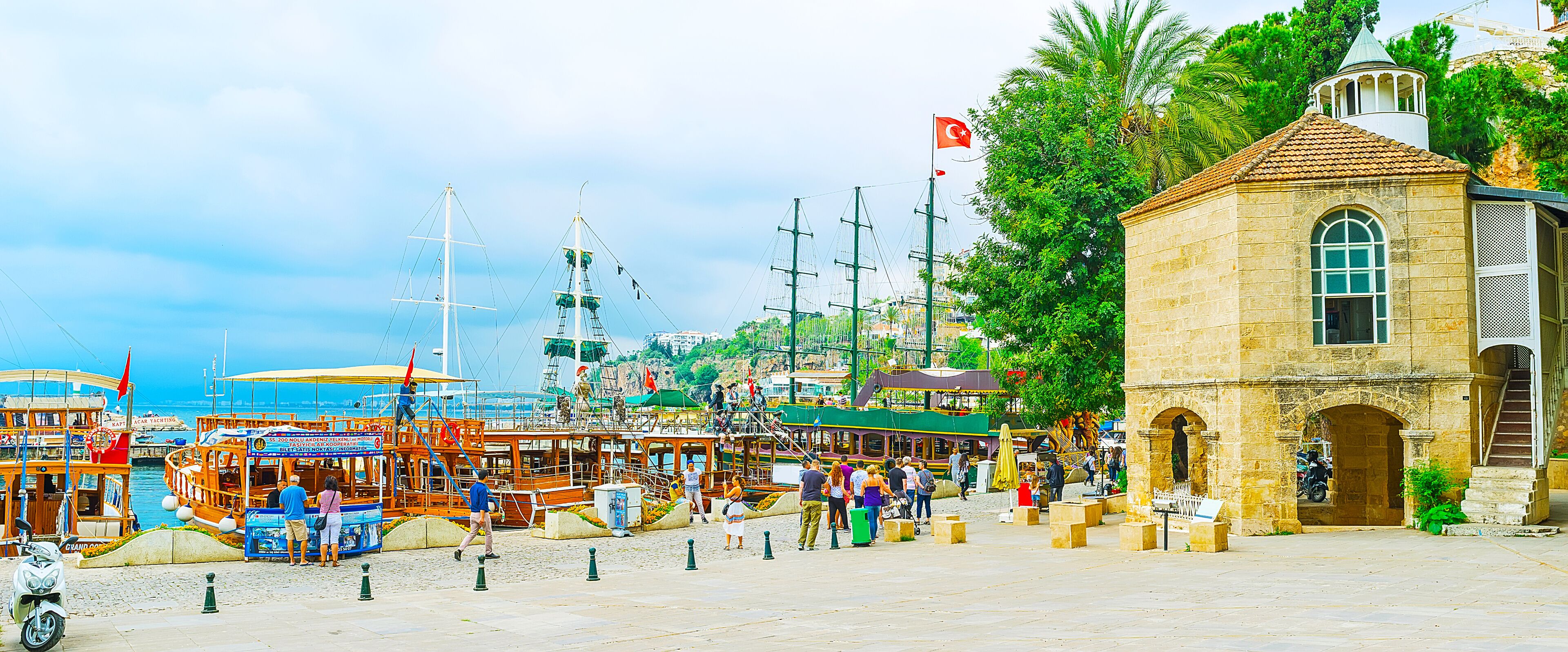 Panorama of marina with Iskele mosque, Kaleici, Antalya, Turkey