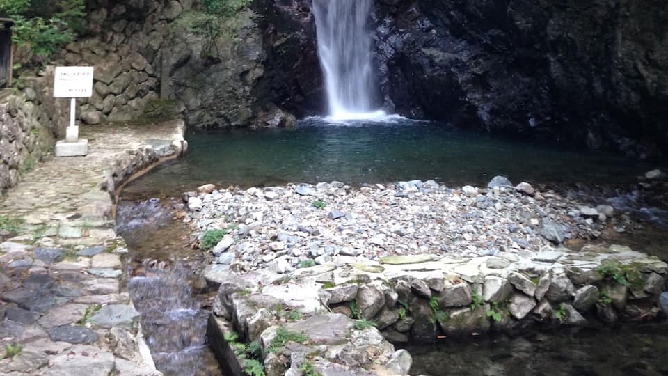 A waterfall cascading into a clear pool surrounded by rocky terrain and dense forest.