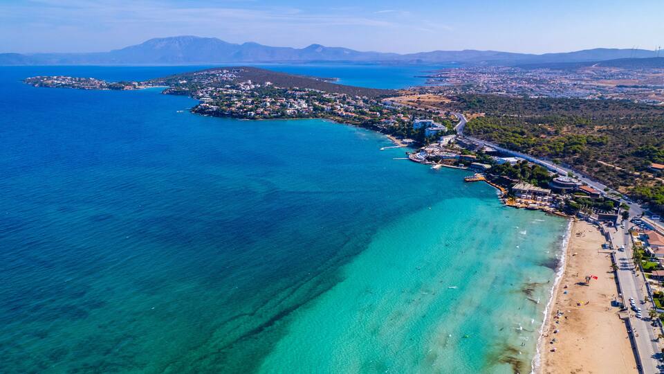 Ilica Beach in Alacati. Cesme District, Izmir, Turkey. Beautiful turquoise sea view in Cesme. Drone shot.