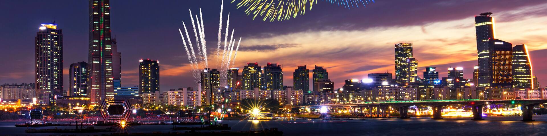 View of Seoul and Firework at Yeouido in the summer Seoul, South Korea..