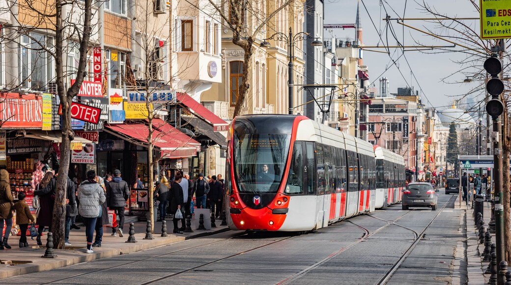 Eminönü which includes a city, railway items and street scenes