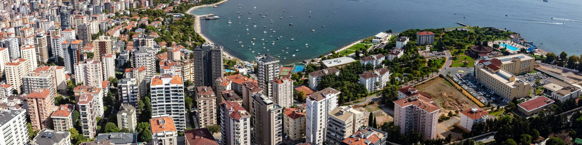 Aerial view of Fenerbahce and Caddebostan districts and the Princes' Islands on the Marmara Sea coast of the Asian side of Istanbul, Turkey.