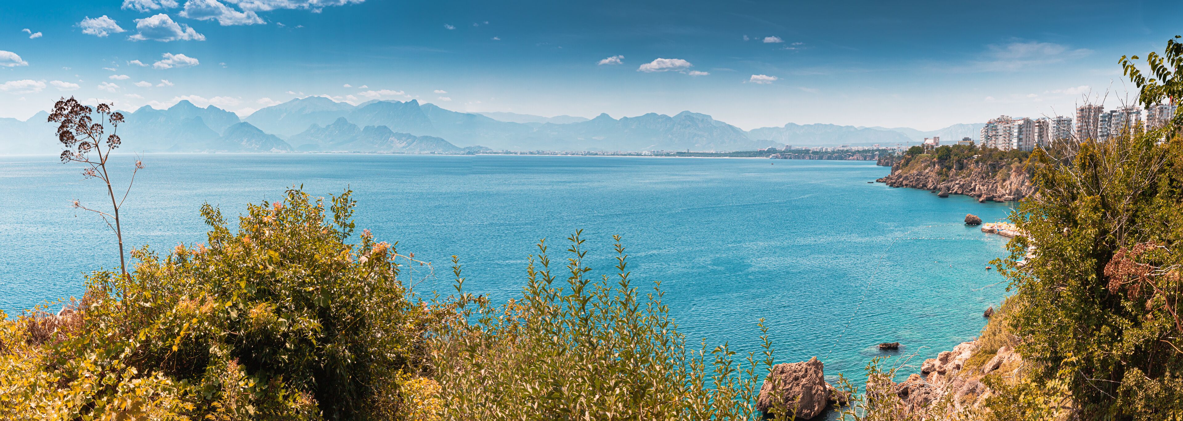Panoramic view of Lara district of a resort town of Antalya, Turkey situated on a high cliff. Vacation and riviera concept