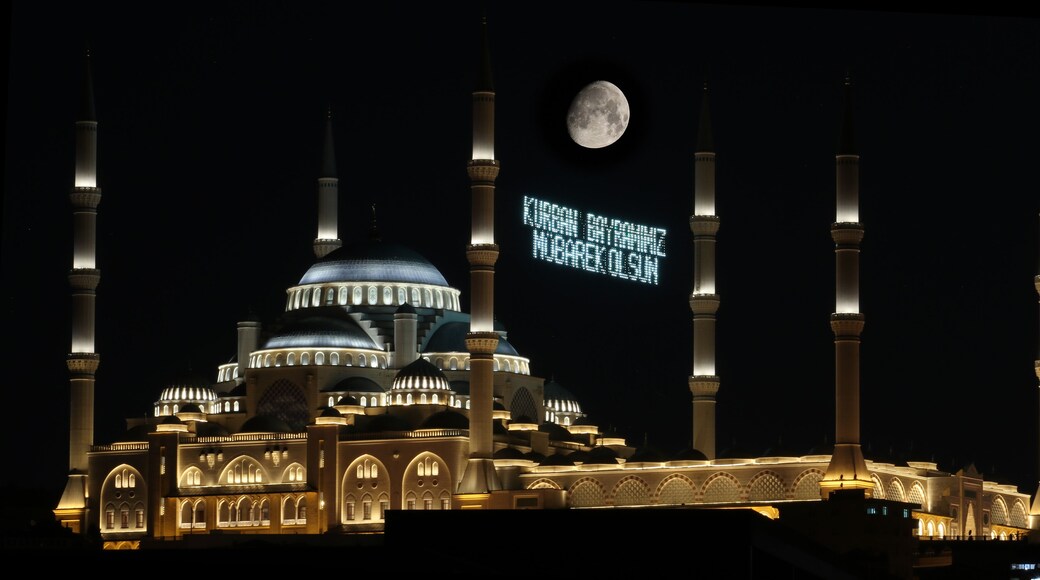 Istanbul Camlica Mosque night photograph There is a "Happy Eid Mubarak" ridge among the minarets. Turkey's largest mosque. Exterior view of Istanbul Camlica Mosque. It is located on Büyük Çamlıca Hill