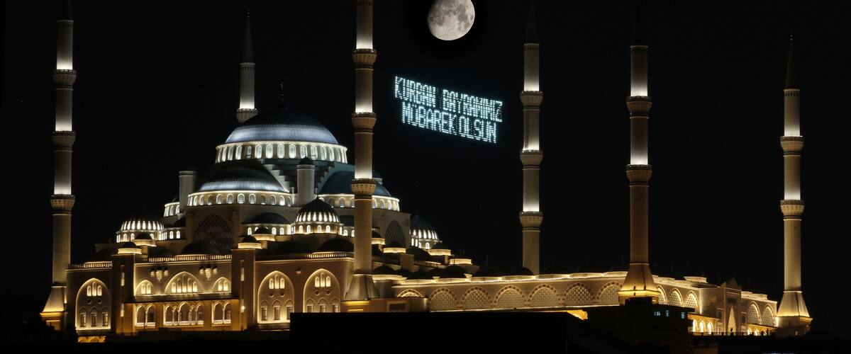 Istanbul Camlica Mosque night photograph There is a "Happy Eid Mubarak" ridge among the minarets. Turkey's largest mosque. Exterior view of Istanbul Camlica Mosque. It is located on Büyük Çamlıca Hill