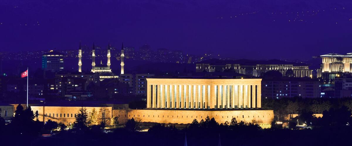 Ankara cityscape at night including Anitkabir, Millet Mosque and Presidential Complex