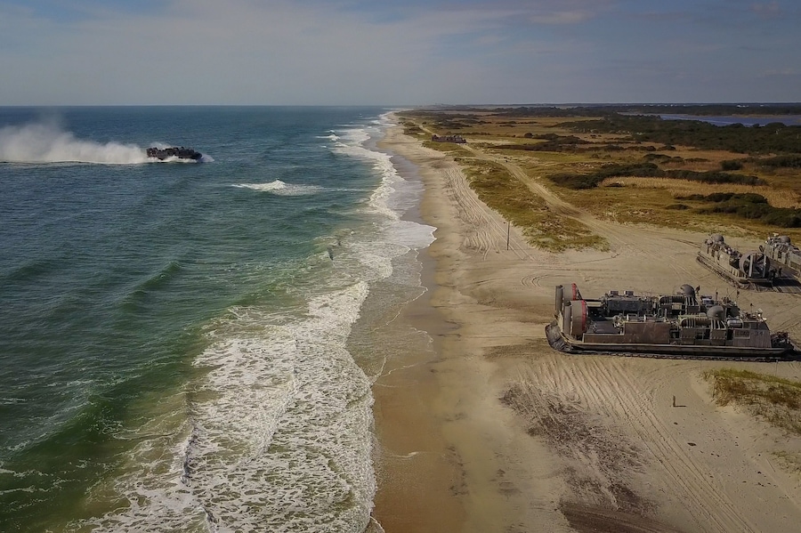 hovercrafts on the beach during the Amphibious Bold Alligator Exercise organized by the US Navy and the Marine Corps