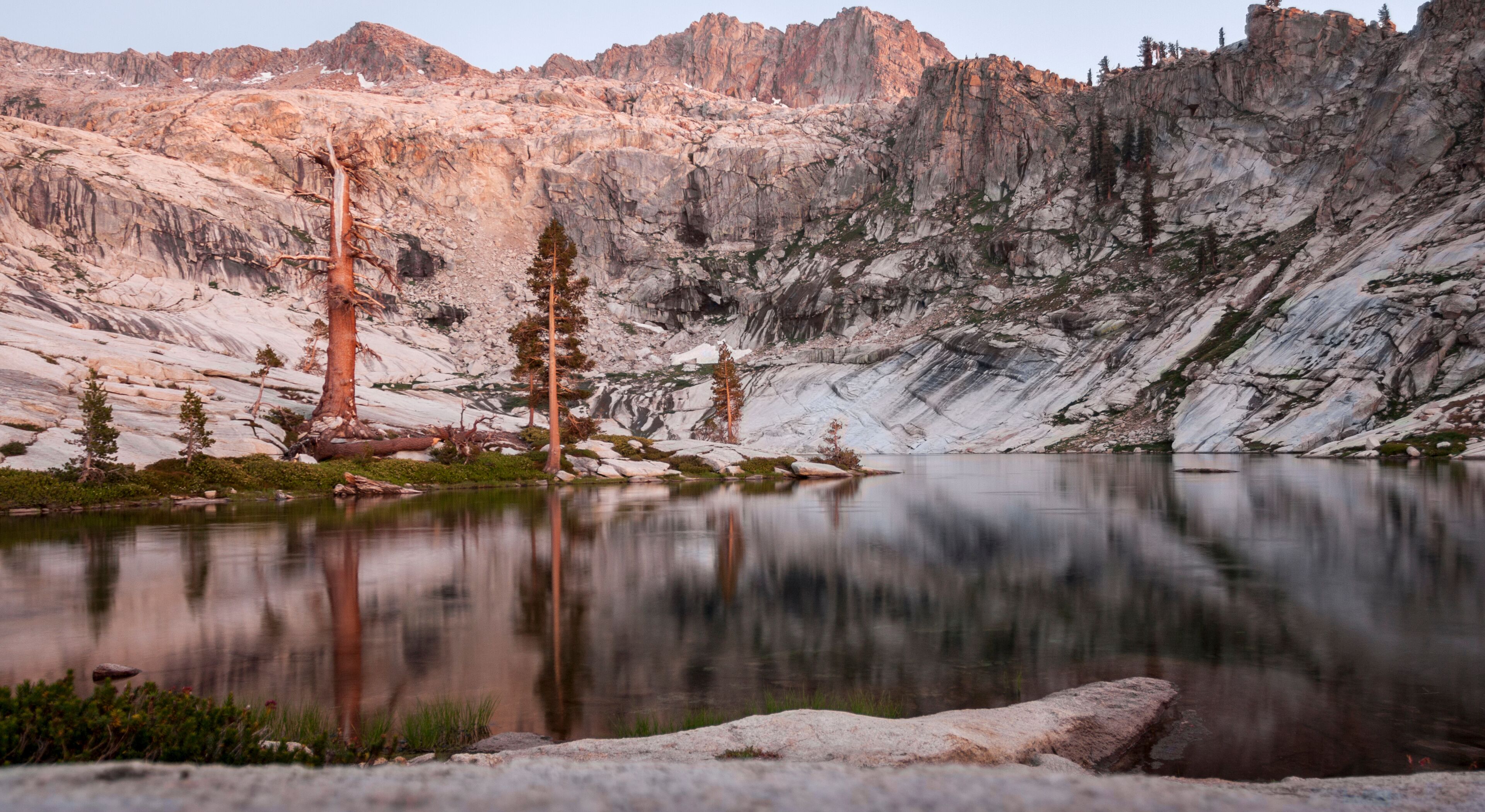 Sunset on Pear Lake, a pretty glacier-fed lake along the Lakes Trail of the southern Sierra Nevada, with Alta Peak rising in the background.
 Sequoia National Park, California, United States.