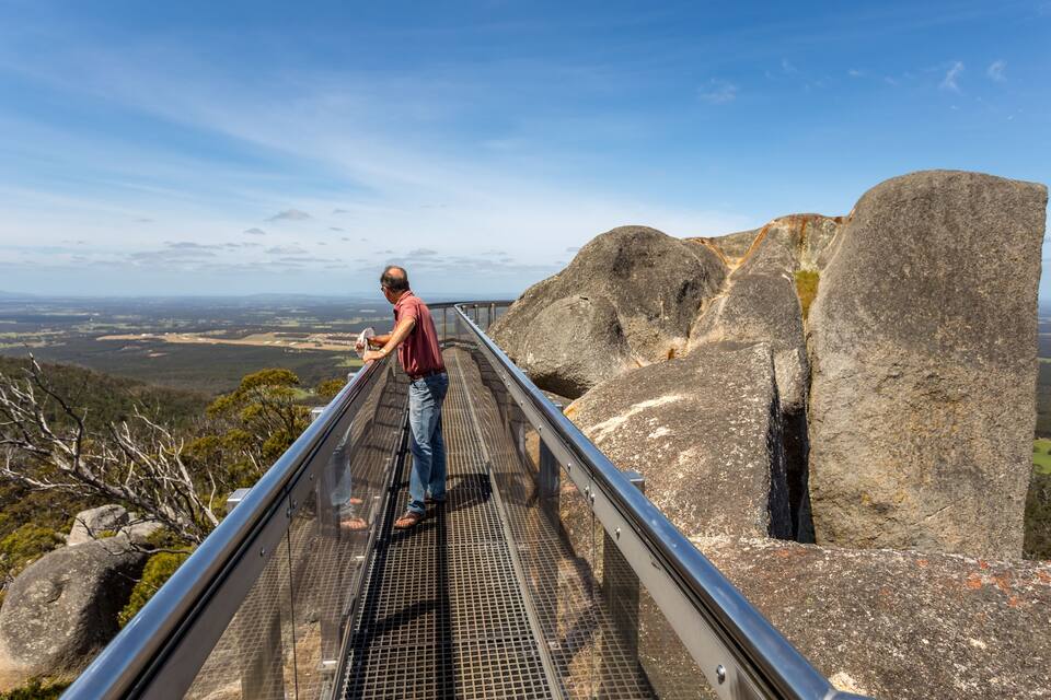 A person on a metal walkway with a scenic view of a large rock formation and distant landscape.