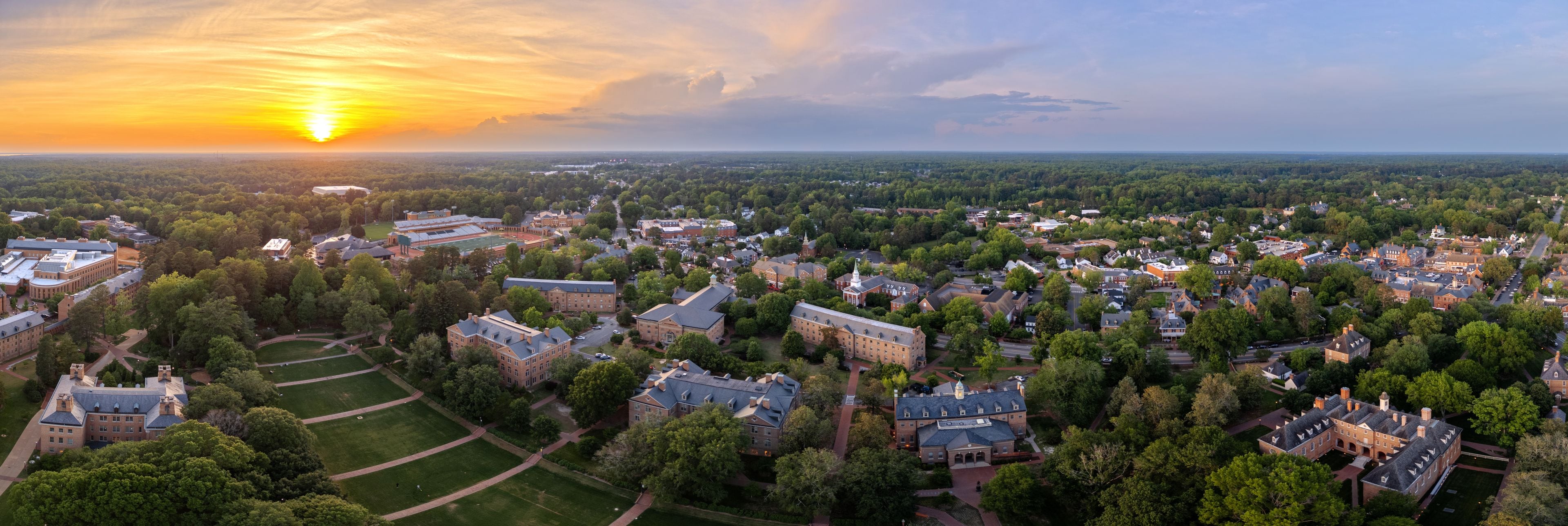 Downtown Williamsburg from above at dusk.