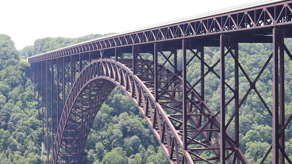 A large steel bridge with a distinctive arch over a dense forest.