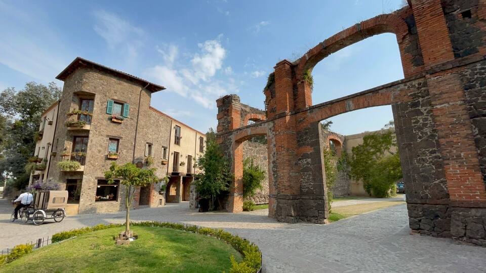 Beautiful view of arches and building facades of Ex Hacienda, Val'quirico, Tlaxcala, Mexico
