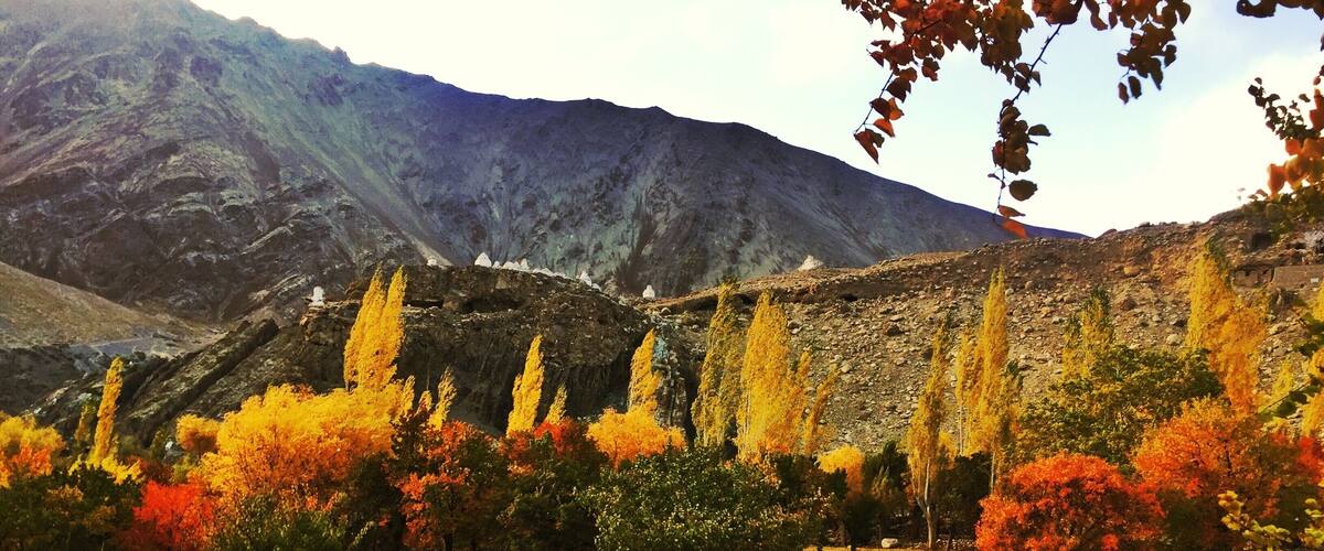 A mountainous landscape with autumn-colored trees and a stone wall.