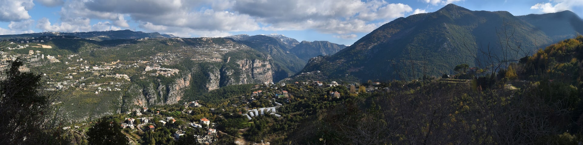 panoramic view of landscape in mount Lebanon around the village of yahchouch with the canyon and the cliffs of the river Nahr Ibrahim