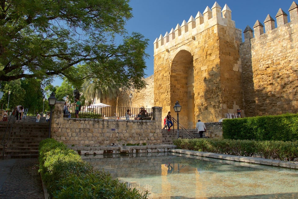 Un pont de pierre historique, doté d’arches, un fossé et un mur d’enceinte de château.