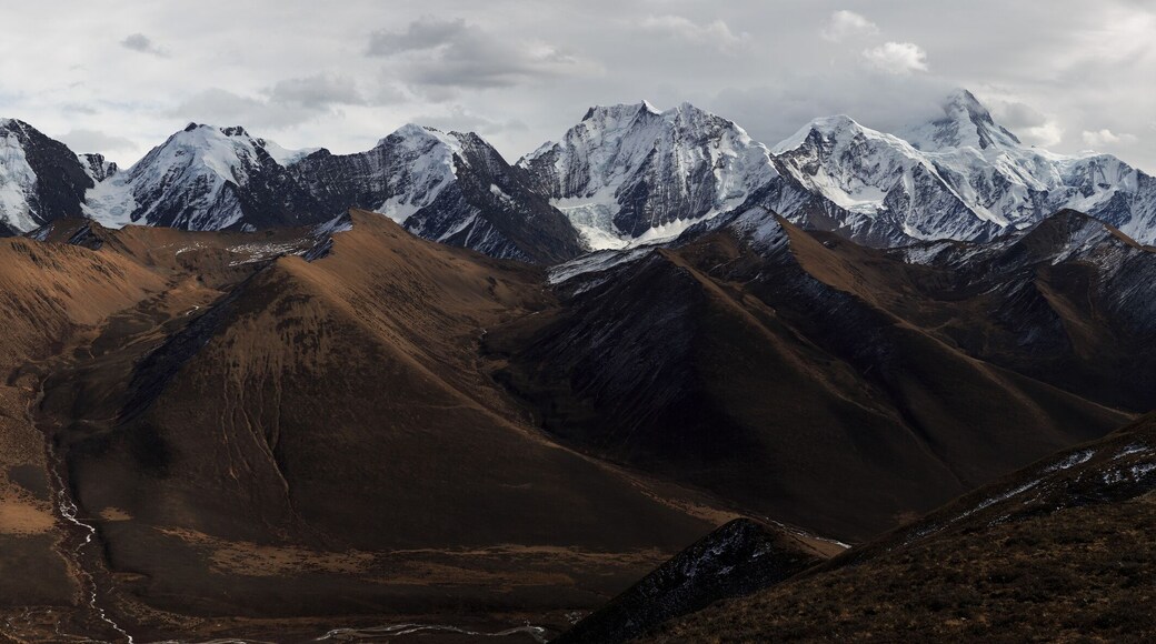 Yaha Pass near Gongga Mountain, Panoramic View of Minya Konka. High altitude landscape near Xinduqiao - Ganzi Tibetan Autonomous Prefecture, Sichuan Province China. Chinese snow mountains and glaciers