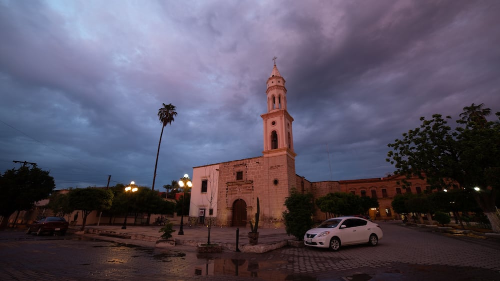 Une église historique dotée d’un clocher, entourée de palmiers et bordée d’une rue pavée.