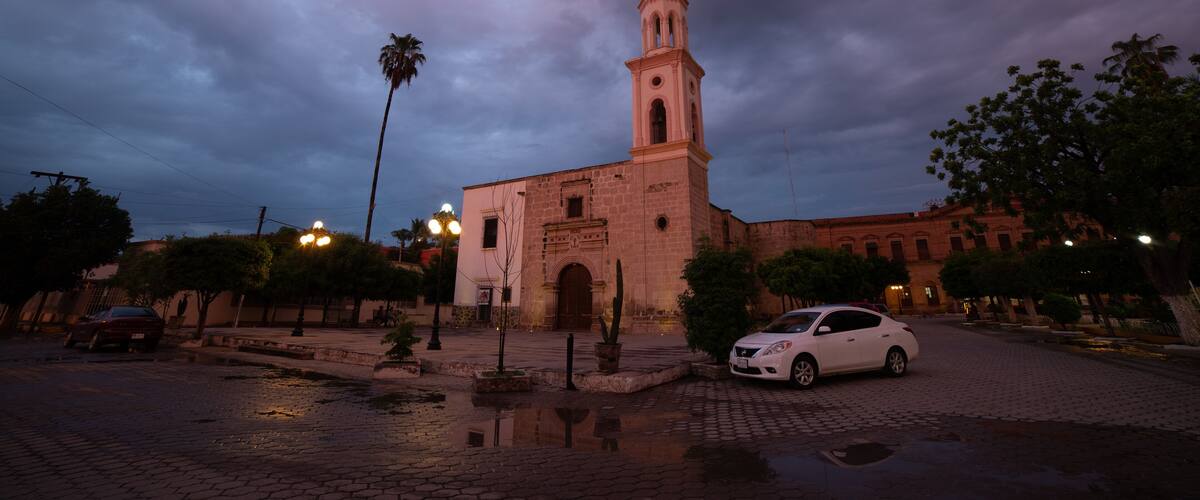 A historic church with a bell tower, surrounded by palm trees and a cobblestone street.
