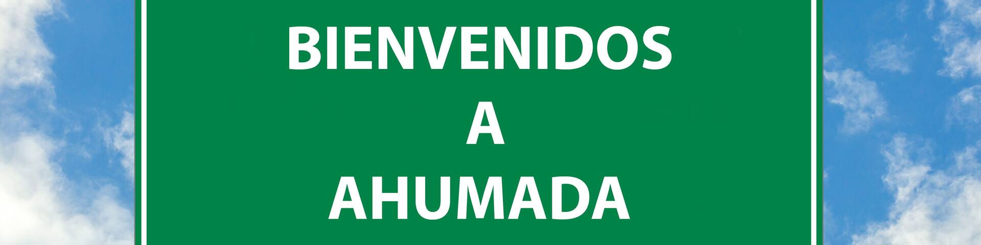Siguiente salida Bienvenidos a ahumada una señal verde sobre fondo de cielo azul. Colección de señales de tráfico conceptuales