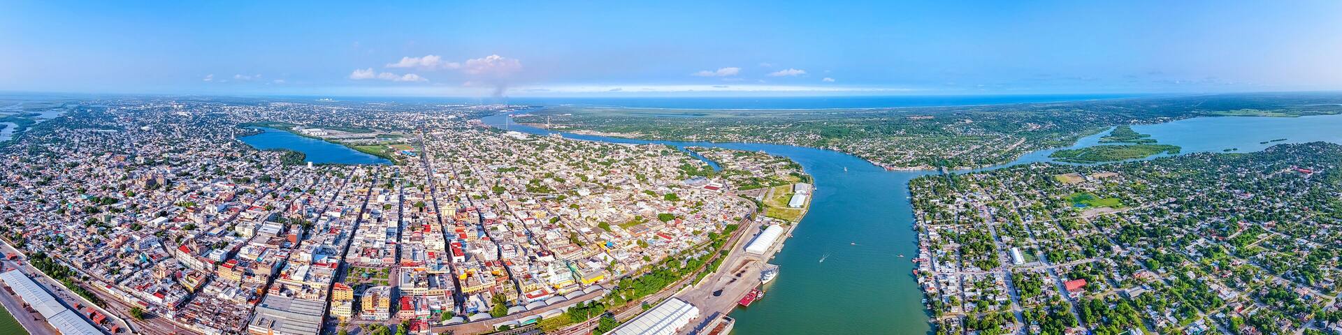 Aerial view of the port city of Tampico Tamaulipas, Mexico where the Panuco River passes by on its way to the Gulf of Mexico.