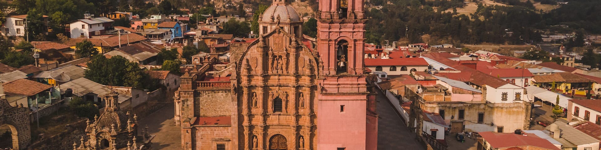 Aerial photos of the historic center of Tlalpujahua, Michoacan, Mexico, as well as its main church
