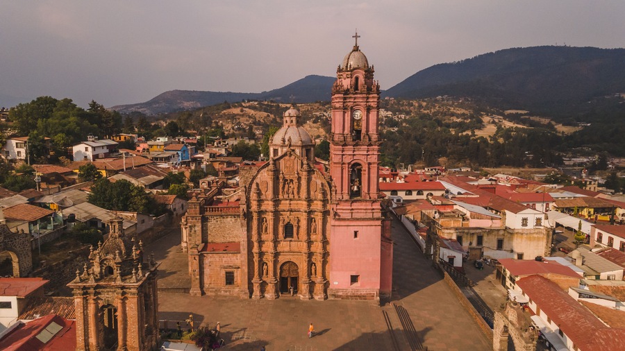 Aerial photos of the historic center of Tlalpujahua, Michoacan, Mexico, as well as its main church