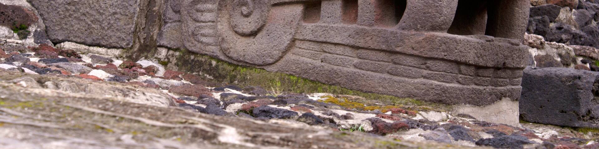 Plumed serpent head sculpture at the Aztec ruins of the Templo Mayor or Great Temple in downtown Mexico City