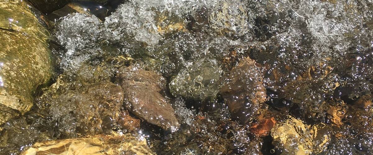 A stream with clear water flowing over rocks, some of which have visible mineral deposits.