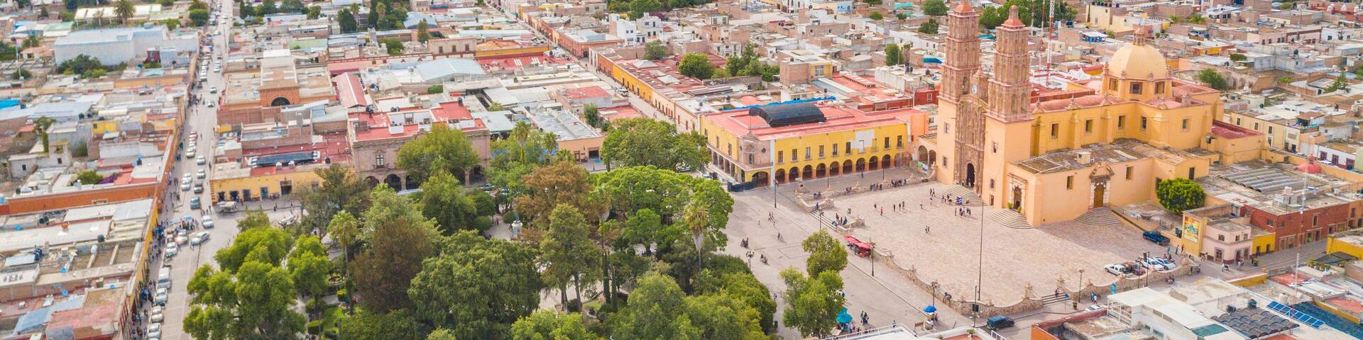 Beautiful aerial view of the main square and the church of Dolores Hidalgo in Guanajuato, Mexico
