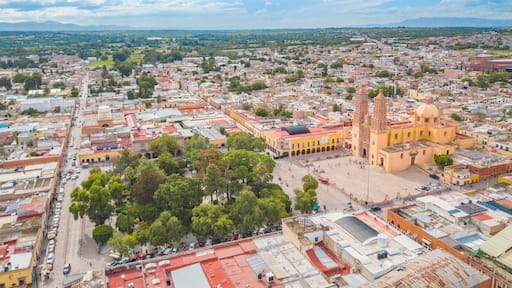 Beautiful aerial view of the main square and the church of Dolores Hidalgo in Guanajuato, Mexico