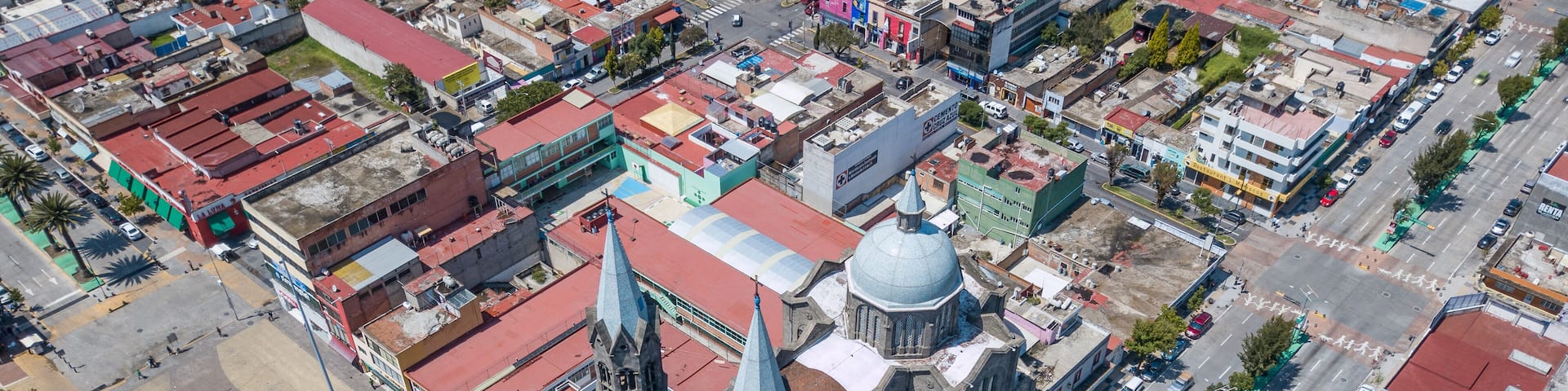Aerial view of the Basilica of Our Lady of Mercy in Tlaxcala, Mexico