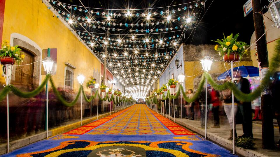 A decorated street with a patterned carpet, string lights, and greenery.
