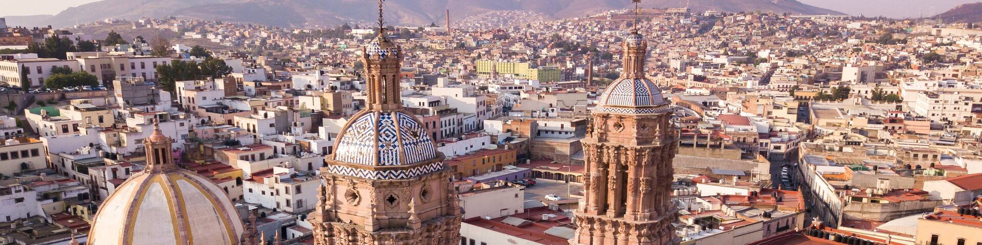 Sunrise aerial view of the historic colonial center of Zacatecas City, Zacatecas, Mexico.
