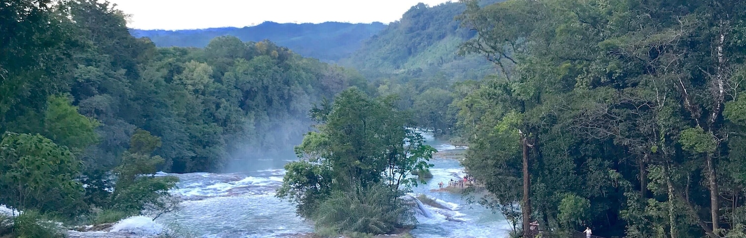 Un río que serpentea por un valle boscoso con terreno rocoso y vegetación densa.