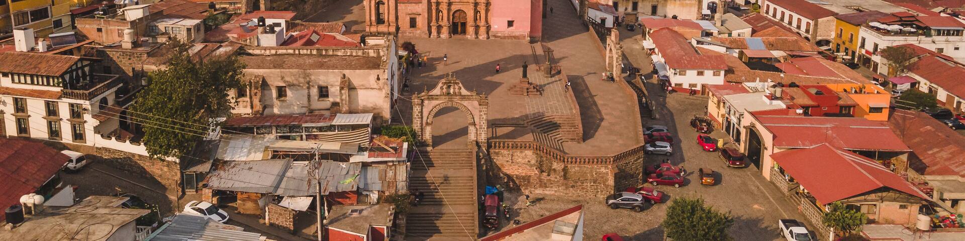 Aerial photos of the historic center of Tlalpujahua, Michoacan, Mexico, as well as its main church