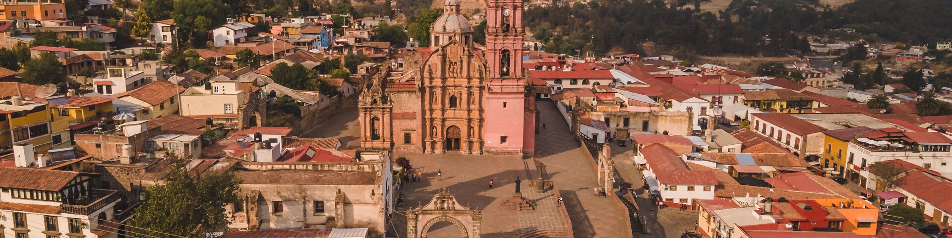 Aerial photos of the historic center of Tlalpujahua, Michoacan, Mexico, as well as its main church