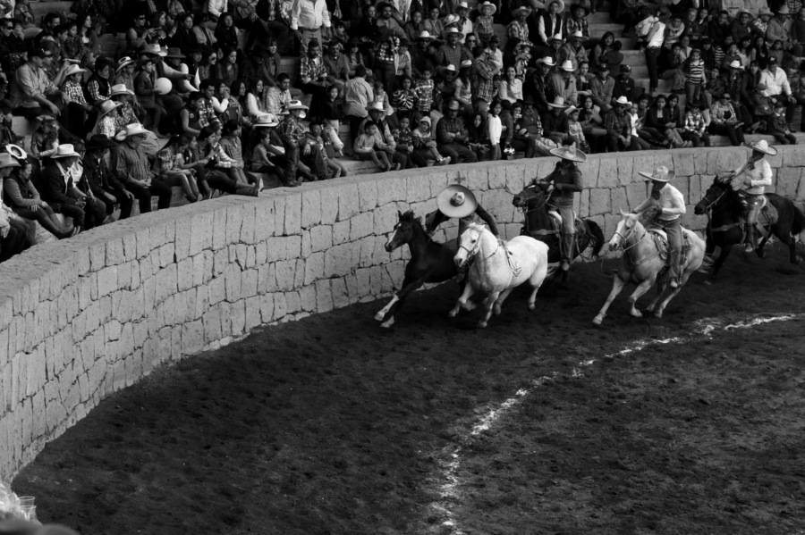 A rodeo with horses and riders in traditional attire, surrounded by an audience.
