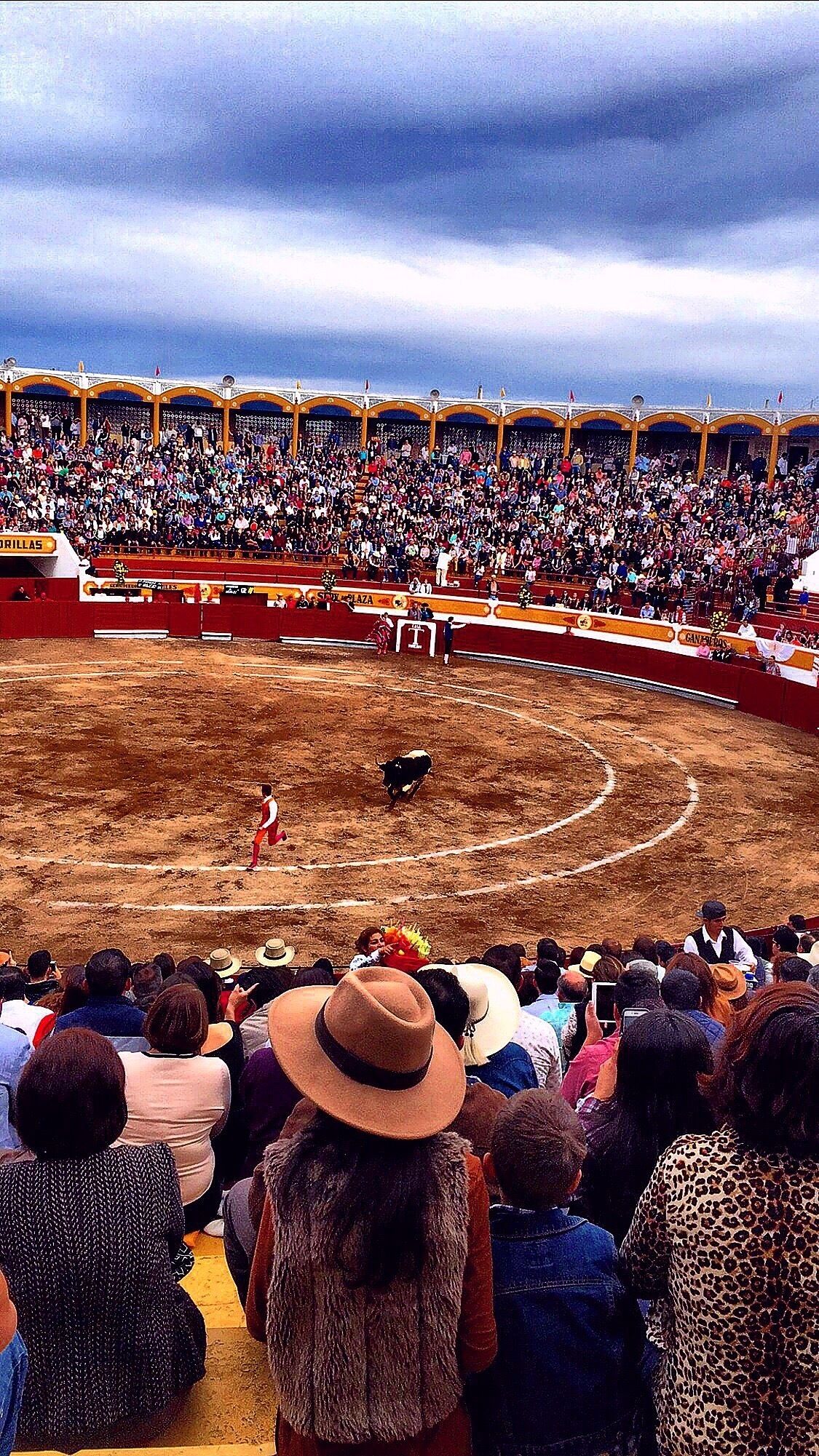 A bullfighting arena with spectators in the stands.