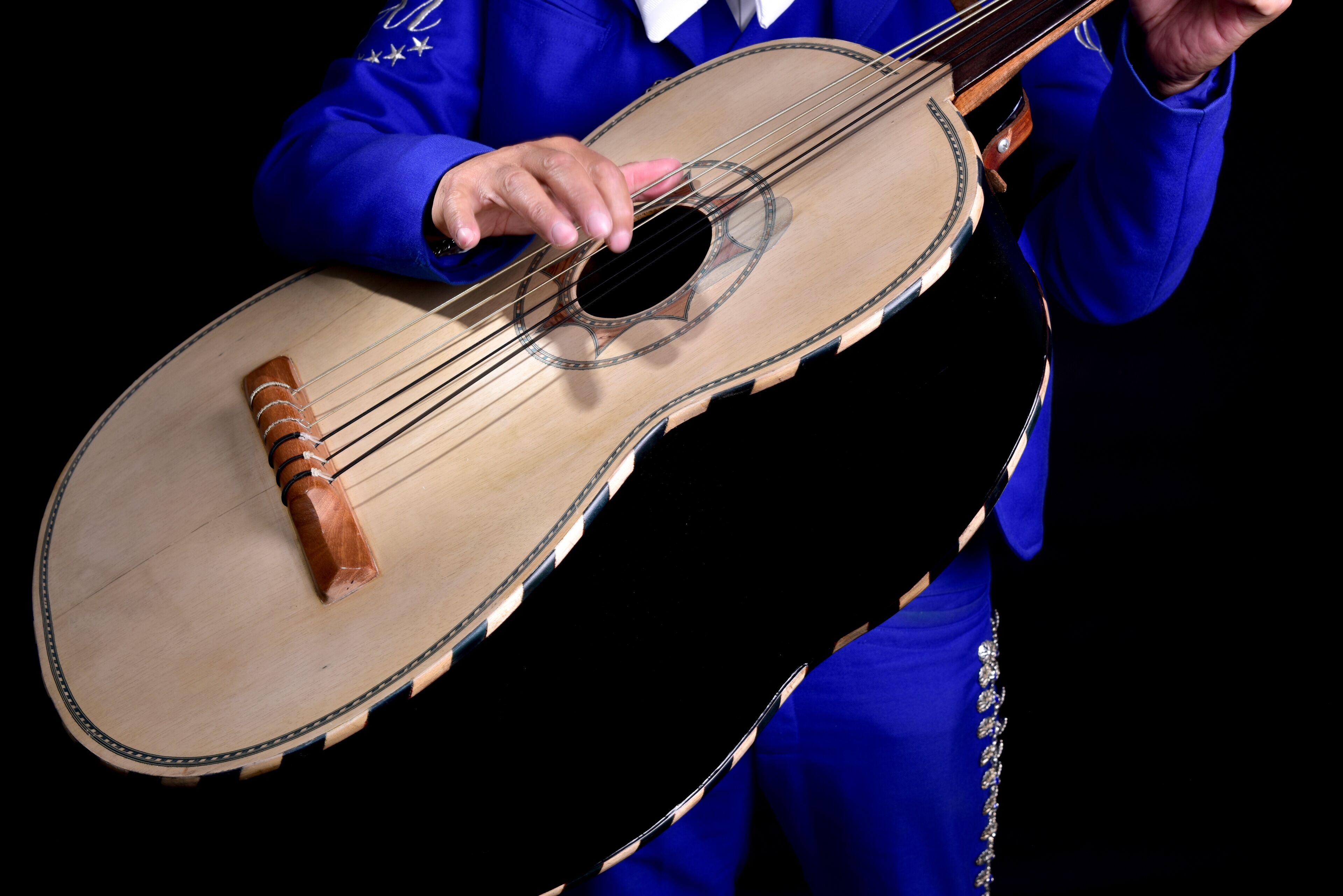 A person playing a stringed musical instrument with a circular sound hole and a decorative rosette.